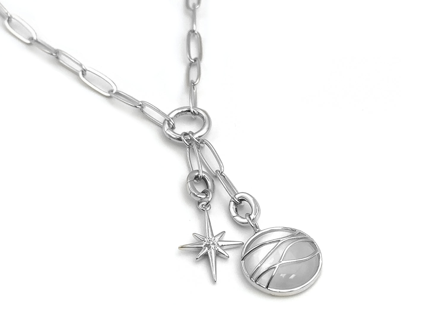 Set #6 SILVER: Elegant Paperclip Chain White Ocean Wave Large North Star