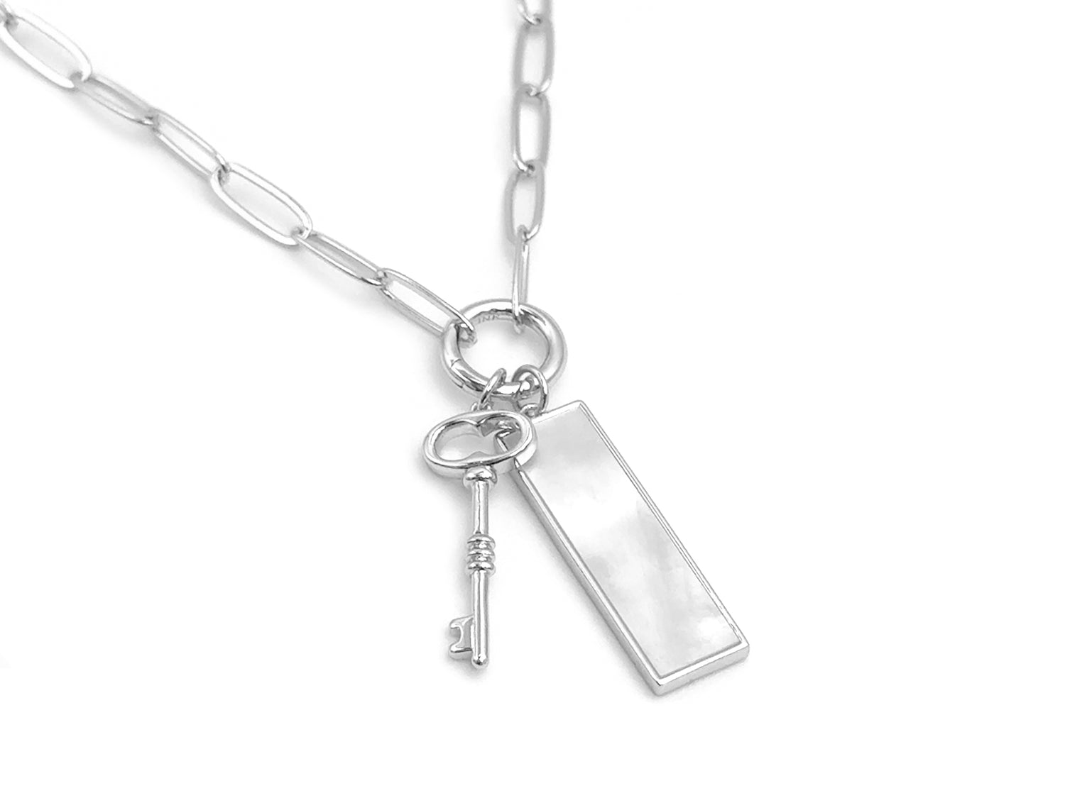 Set #7 SILVER: Elegant Paperclip Chain Mother of Pearl Rectangle Love Key
