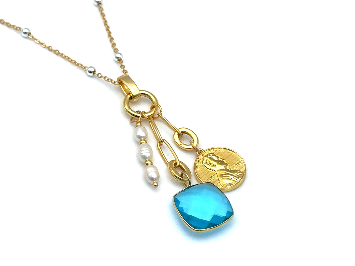 Aqua Penny Pearl Satellite Charm Necklace | LINK, design your own