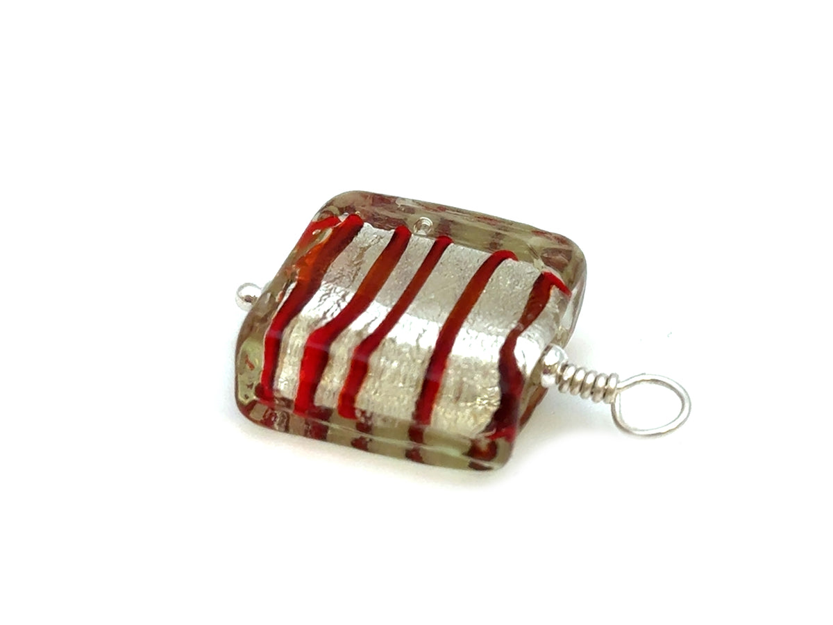 Vintage | Silver Red Stripes Glass Silver Foil Lampwork Pendant