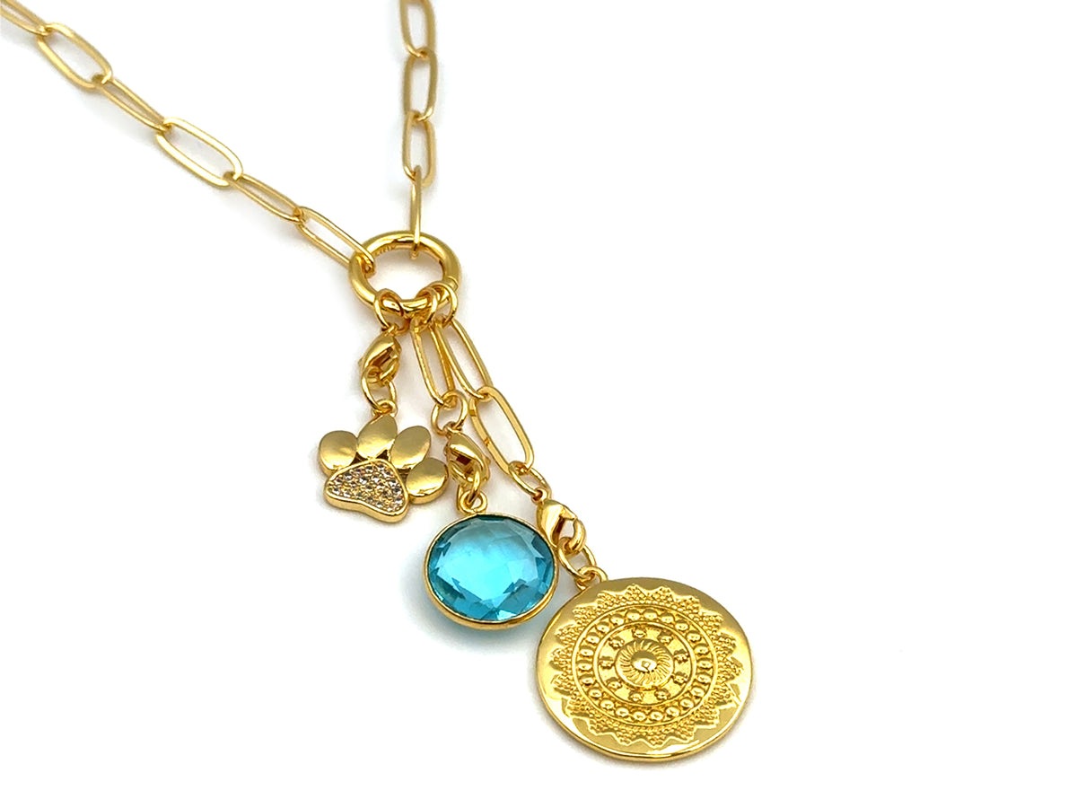 Sparkling Paw Sundial Birthstone Charm Necklace