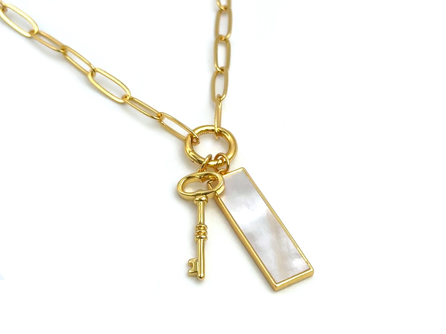 Set #7 GOLD: Elegant Paperclip Chain Mother of Pearl Rectangle Love Key