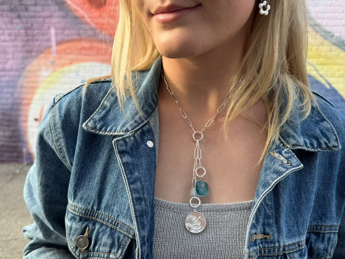 Aqua Infinity Sunflower Bee Lariat Multi Charm Necklace