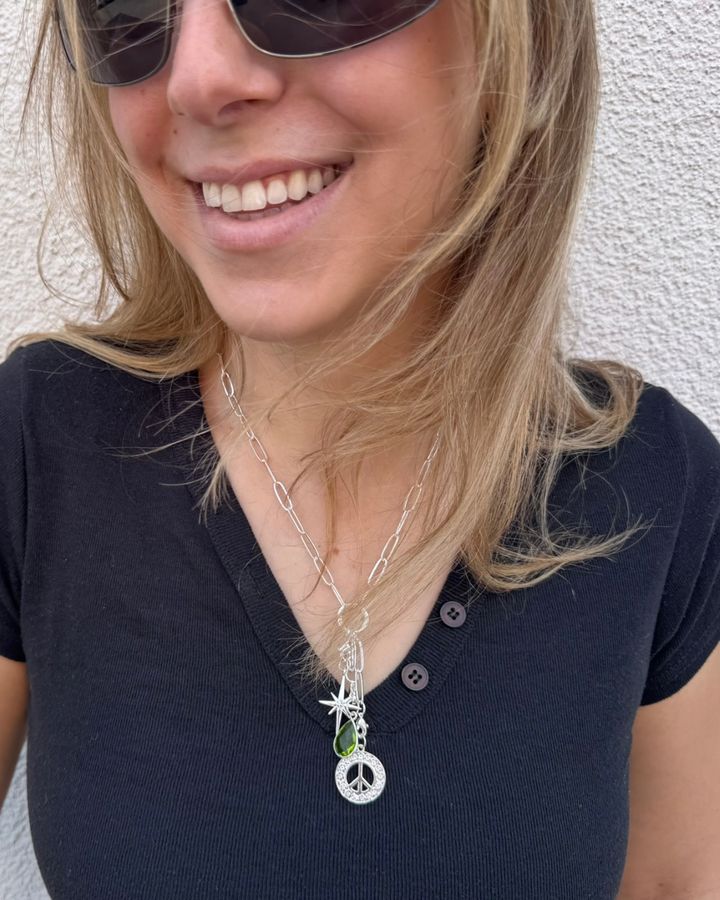 LINK customer wearing her necklace